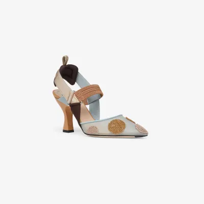 FENDI Beaded light blue tulle high-heeled slingers