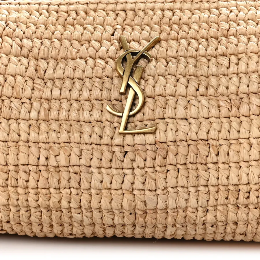 Saint Laurent Small Cylindric Bag Natural and Brick Monogram Raffia Cassandre Aged Gold Hardware