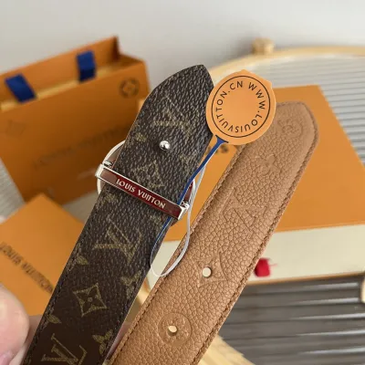 Louis Vuitton Women's Flowergram Round Buckle Reversible Belt In Black/White/Brown Calfskin And Monogram Canvas With Gold/Silver Hardware 30mm