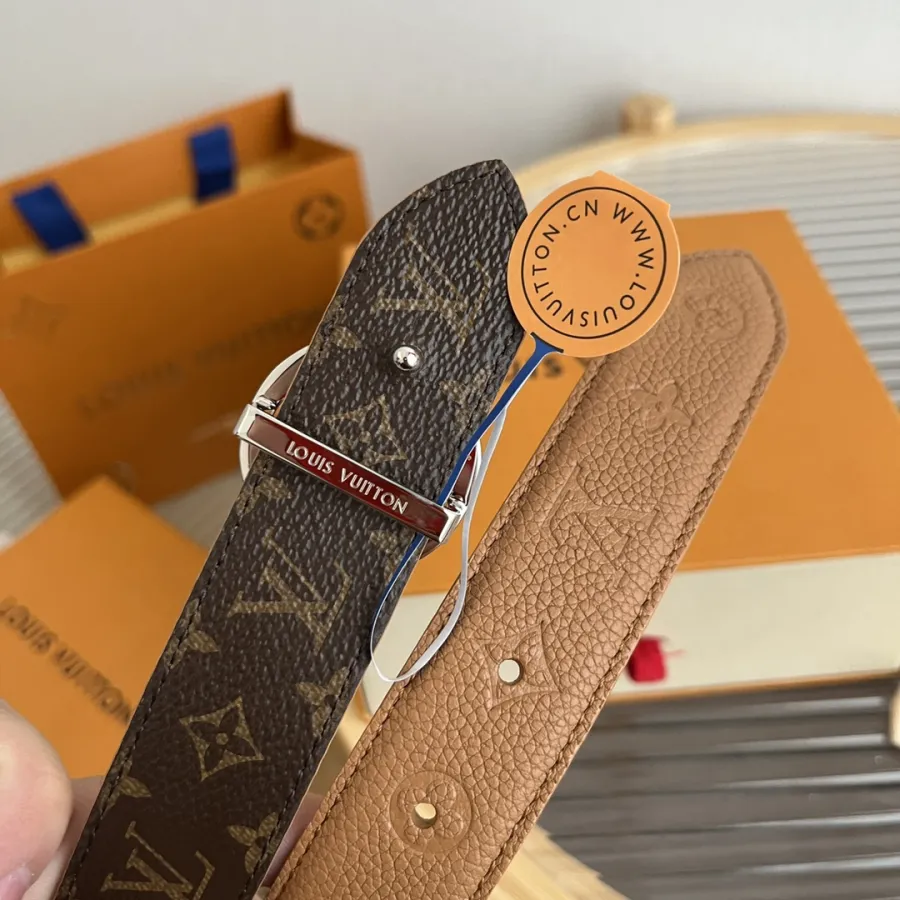 Louis Vuitton Women's Flowergram Round Buckle Reversible Belt In Black/White/Brown Calfskin And Monogram Canvas With Gold/Silver Hardware 30mm