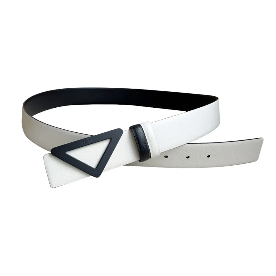 Prada Men' s Triangled Buckle Belt In Black/White/Brown/Blue Saffiano Calfskin With Gold/Silver/Black Hardware 35mm