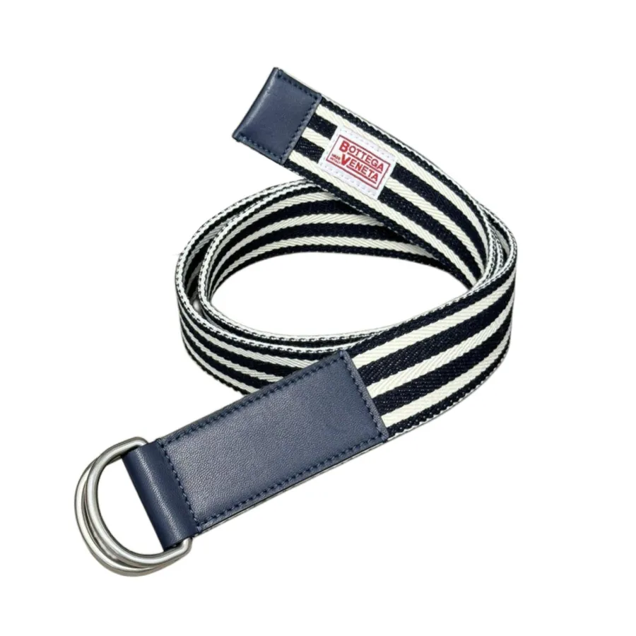 Bottega Veneta Men's Webbing Nastro Belt In Blue/Black Calfskin And Canvas With Silver Hardware 38mm