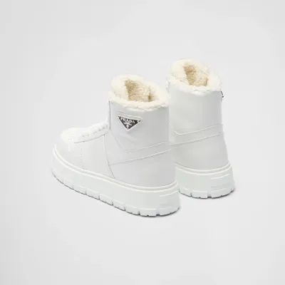 PRADA White leather and sheepskin high-top sneakers