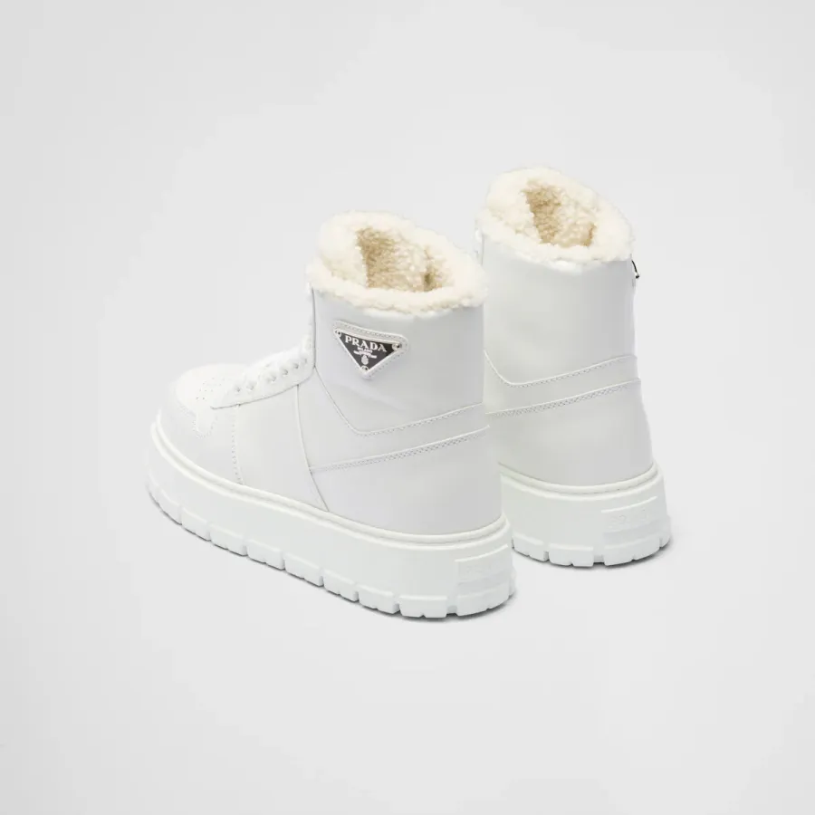 PRADA White leather and sheepskin high-top sneakers