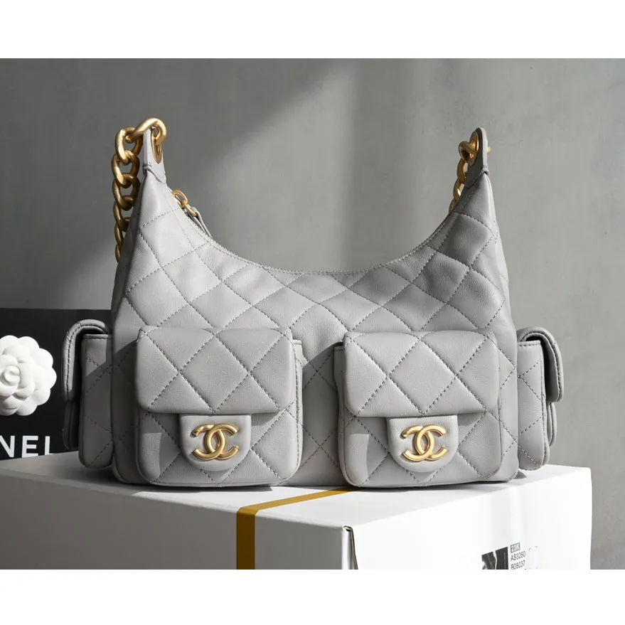 Chanel Quilted Lambskin Leather Grey /Black Shoulder Bags