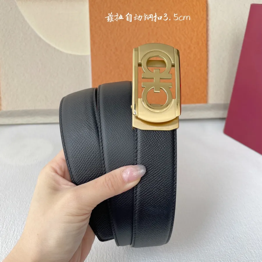 Ferragamo Men's Rectangled Double Gancini Buckle Belt In Black Calfskin With Gold/Silver Hardware 35mm