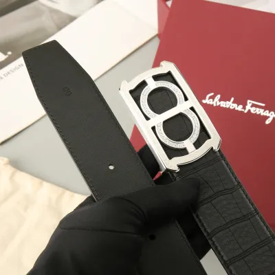 Ferragamo Men's Square Buckle With Crystal Belt In Black Crocodile-Embossed Calfskin With Gold/Silver Hardware 38mm