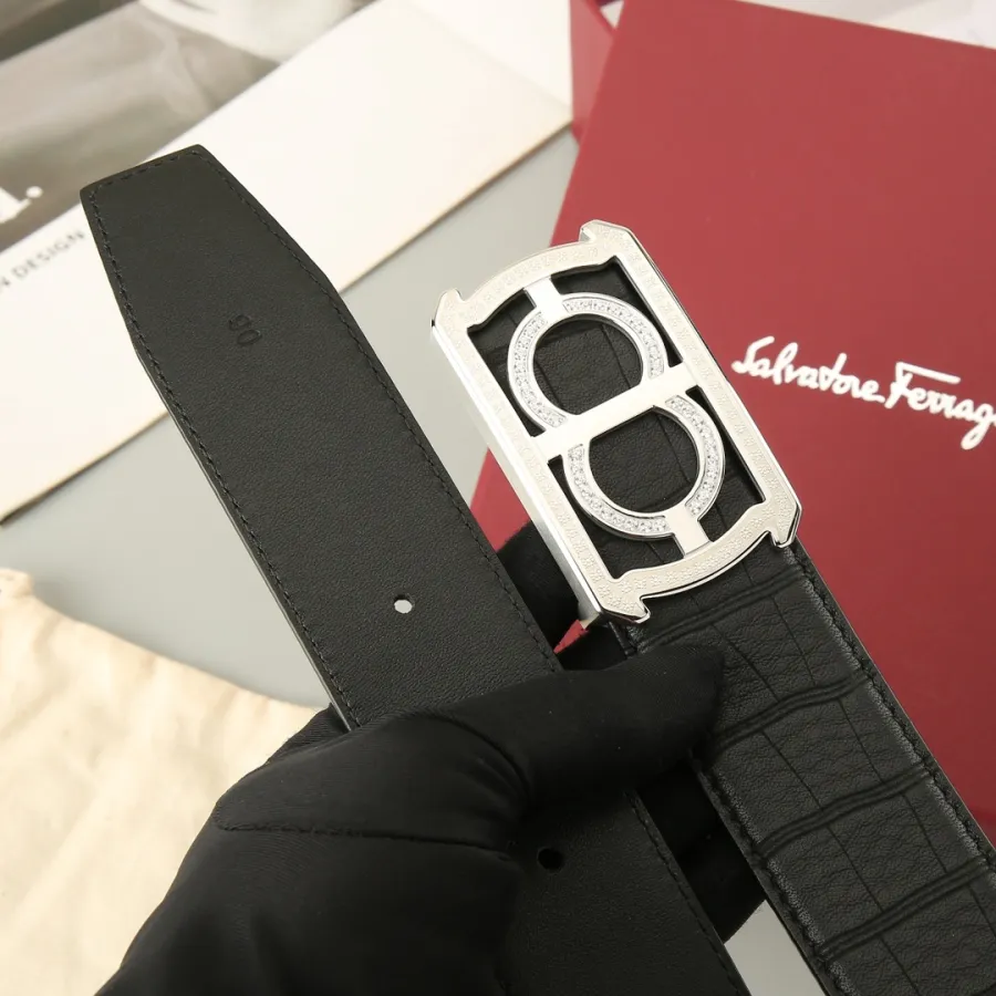 Ferragamo Men's Square Buckle With Crystal Belt In Black Crocodile-Embossed Calfskin With Gold/Silver Hardware 38mm