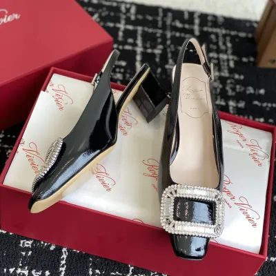 Roger Vivier Belle Viver Slingback Pumps High Heels In Black Patent Leather With Crystal Buckle (Heel Height 4.5cm)
