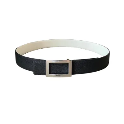 Prada Men' s Square Buckle Reversible Belt In Black/Blue/White Saffiano Calfskin With Gold/Silver Hardware 34mm