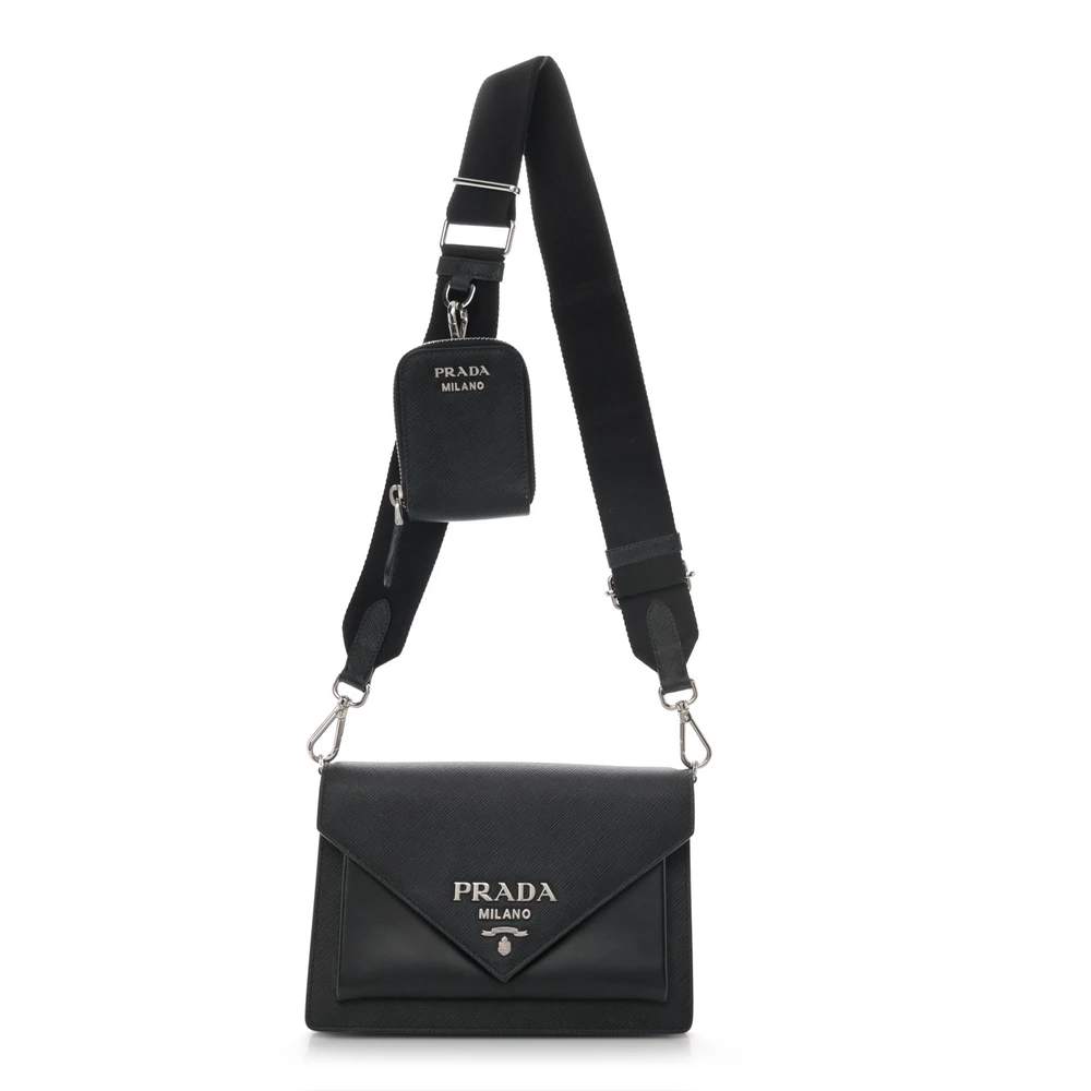 Prada Mini Envelope Bag Preto Couro Saffiano e City Calf Hardware Prateado
