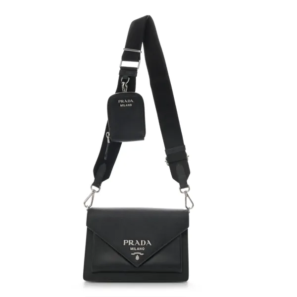 Prada Mini Envelope Bag Black Saffiano & City Calf Leather Silver Hardware