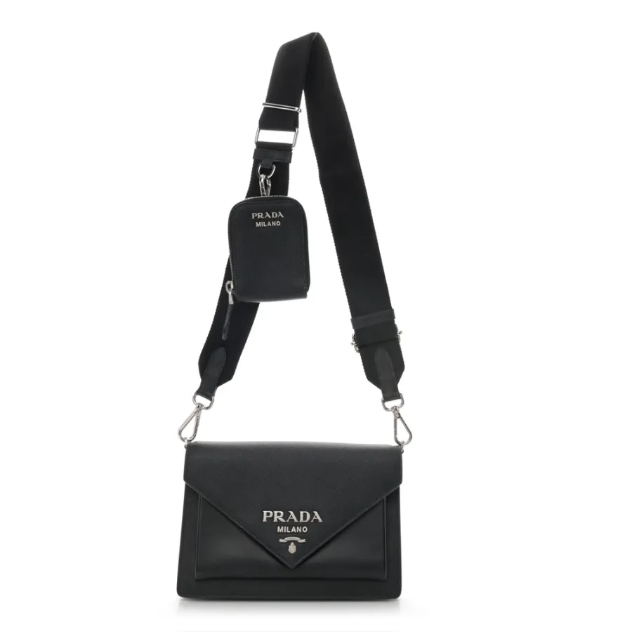 Prada Mini Envelope Bag Black Saffiano & City Calf Leather Silver Hardware
