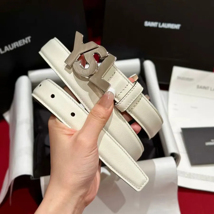 Saint Laurent YSL Buckle Belt In Black/White Calfskin With Gold/Silver Hardware 25mm