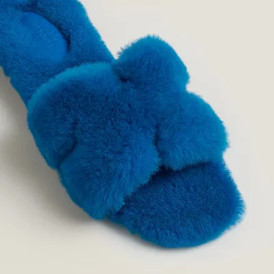 HERMES Oran plush Blue Slippers