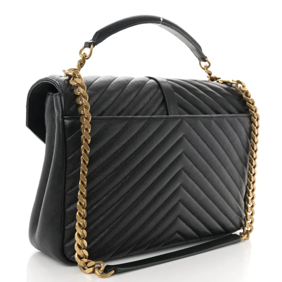 Saint Laurent Large College Satchel Black Chevron Monogram Sheepskin Matelasse Leather Aged Gold Hardware