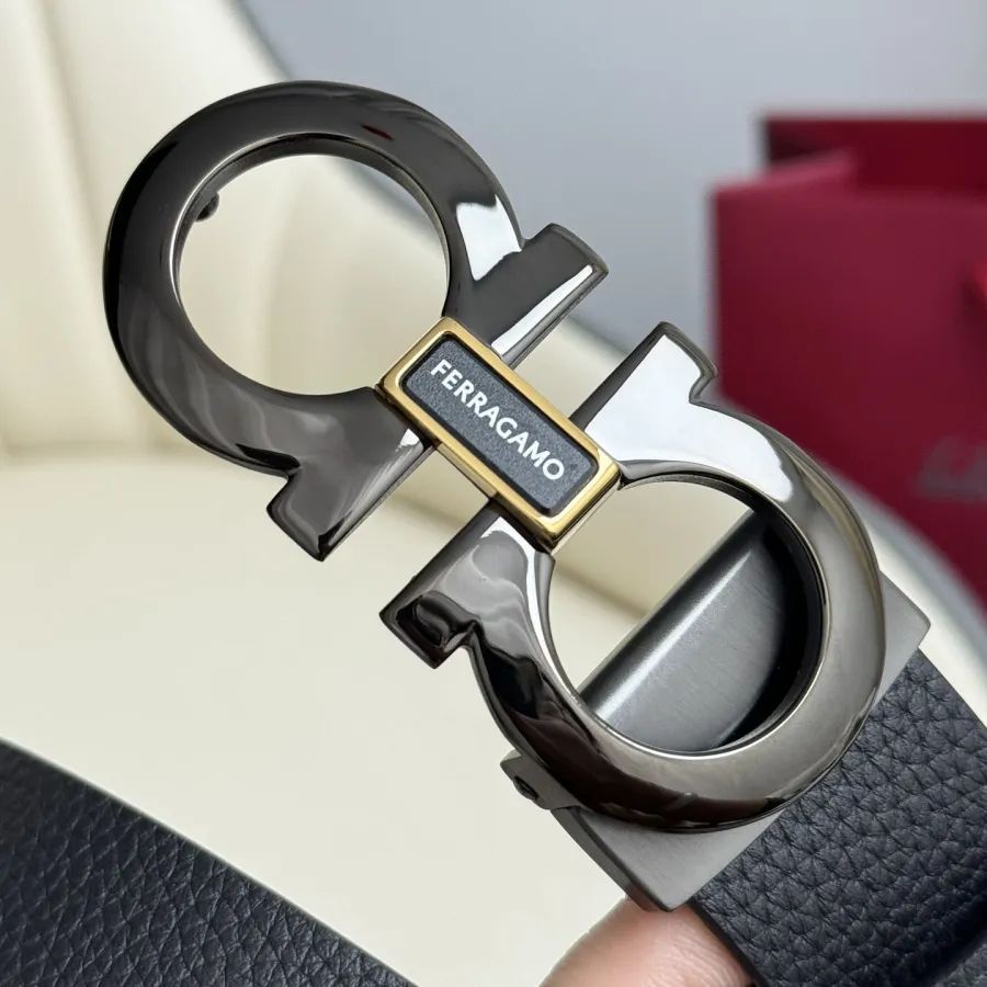 Ferragamo Men's Double Gancini Buckle Belt In Black Grained Calfskin With Gold/Silver/Black Hardware 35mm