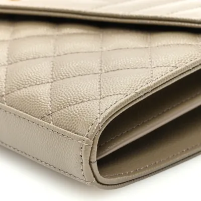 Saint Laurent Small Chain Wallet Dark Beige Triquilt Monogram Grain De Poudre Mixed Matelasse Leather Gold Hardware