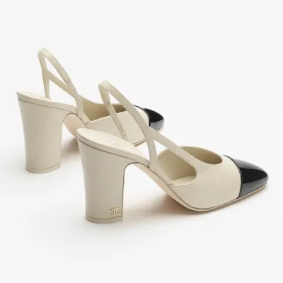 Chanel lambskin, calf patent leather, ivory white and black Rear lace up high heels High Heels Sandal