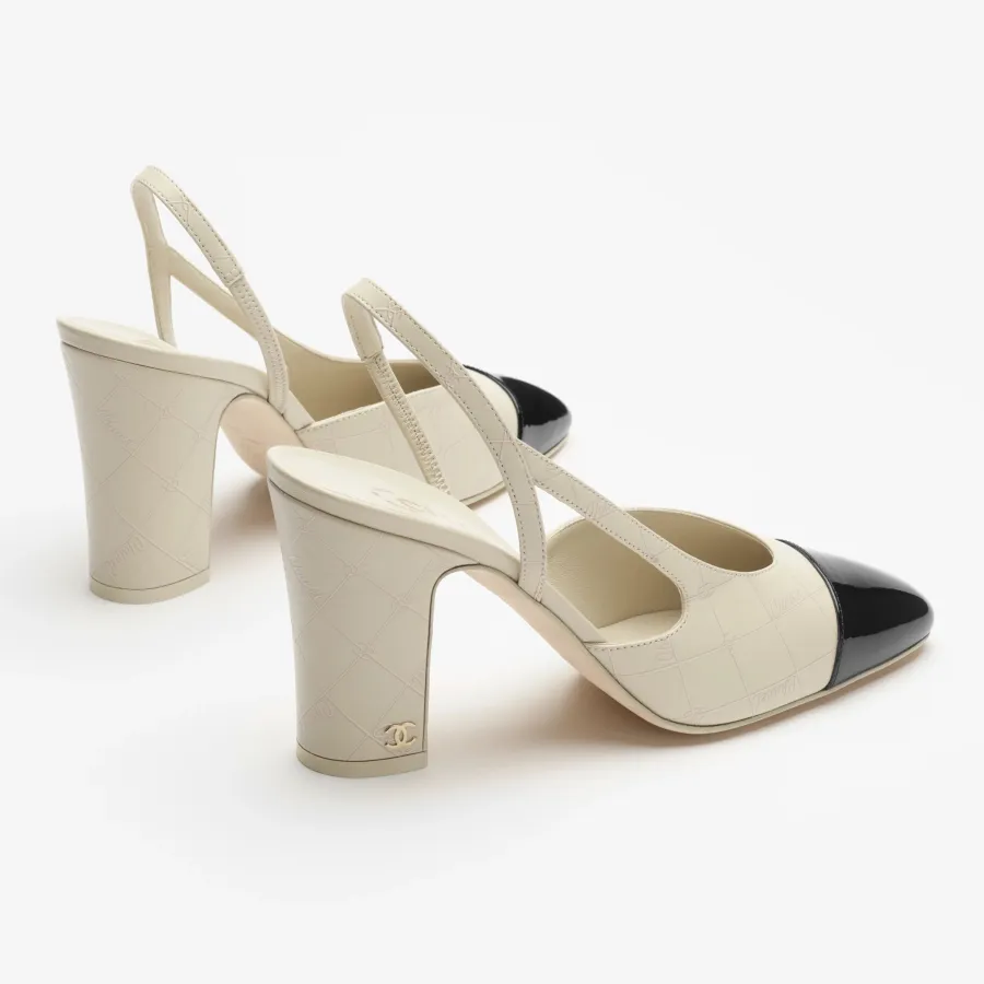 Chanel lambskin, calf patent leather, ivory white and black Rear lace up high heels High Heels Sandal