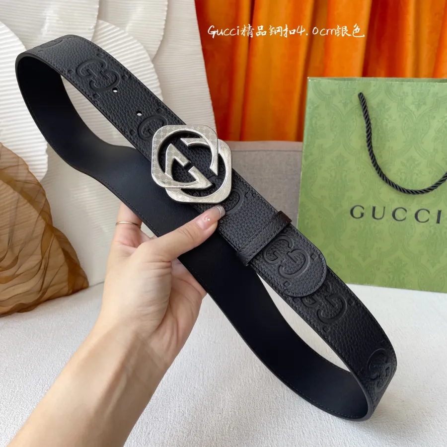 Gucci Men's Square Double G Buckle Belt In Black Monogram Calfskin With Gold/Silver Hardware 40mm