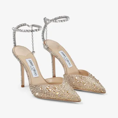 JIMMY CHOO Crystal gold satin heels pointy stiletto heels