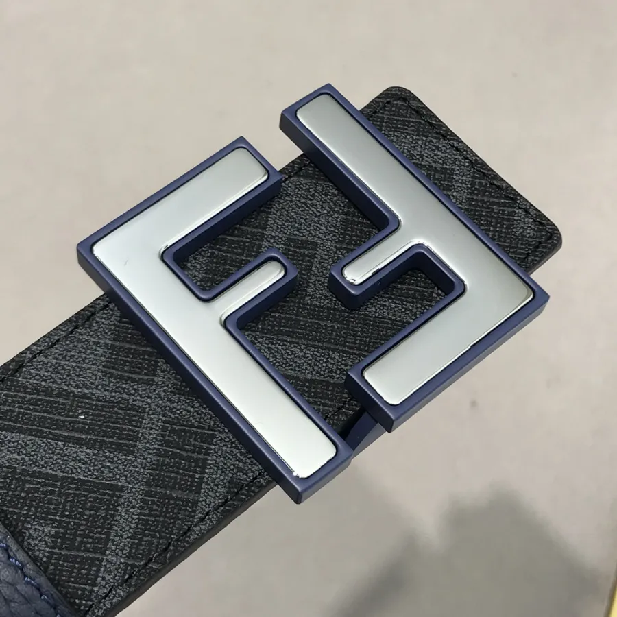 Fendi Men's Rounded FF Reversible Belt In Black/Blue Calfskin And Monogram Canvas With Silver Hardware 38MM