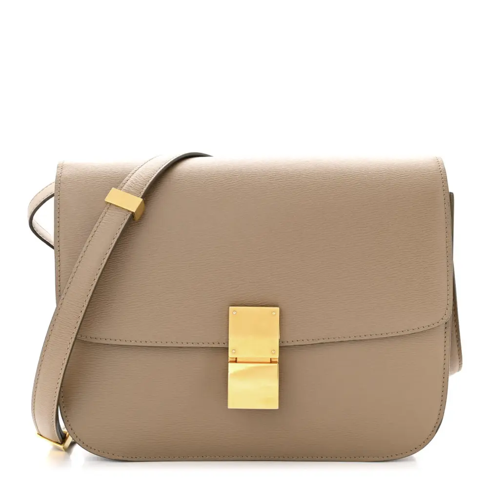 Celine Bolsa Classic Box Flap Média em Couro Bege Taupe Liege Calfskin com Hardware Dourado