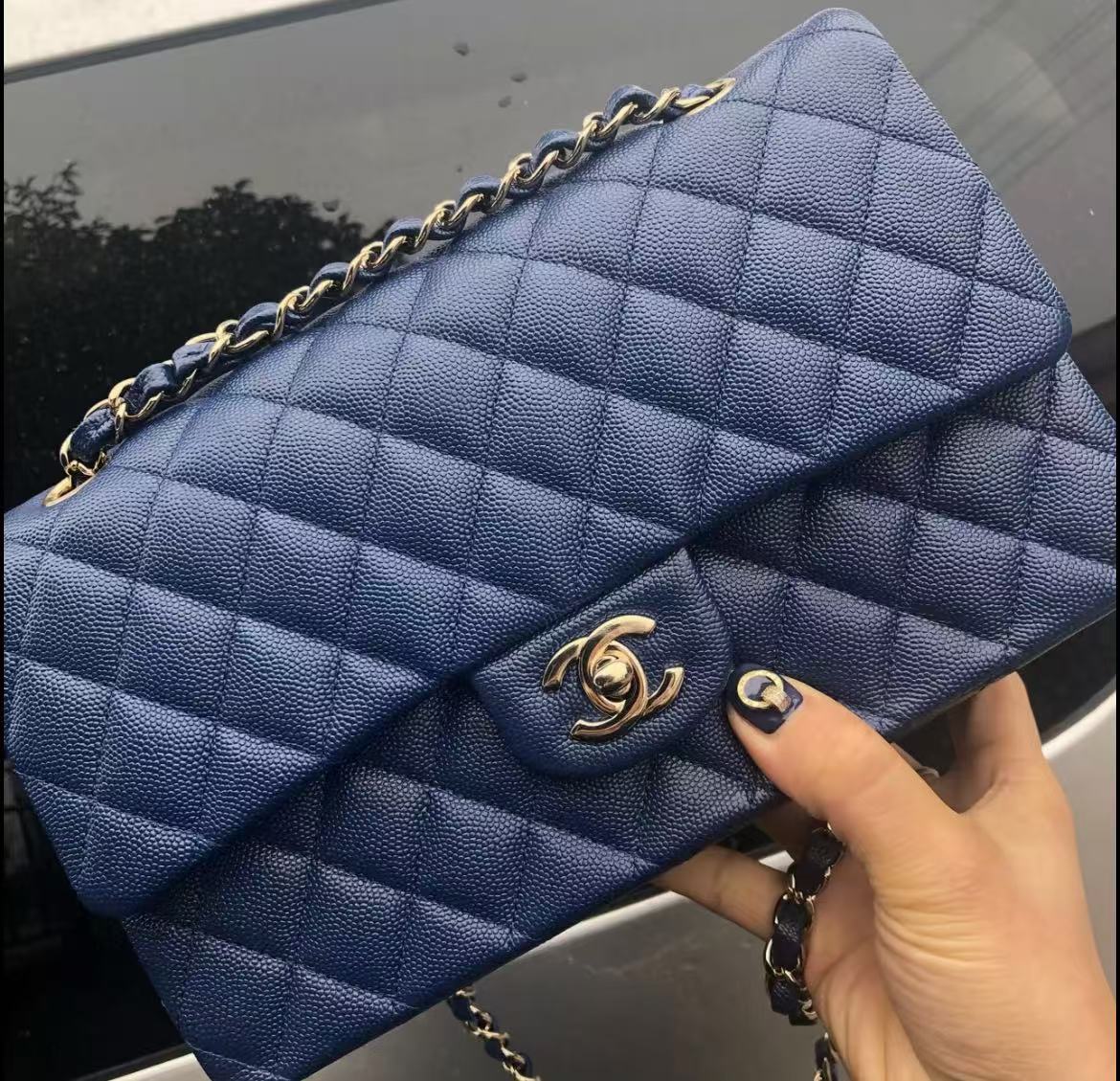 Chanel Double Flap Jumbo Azul Acolchoado Couro Caviar Hardware Dourado photo review