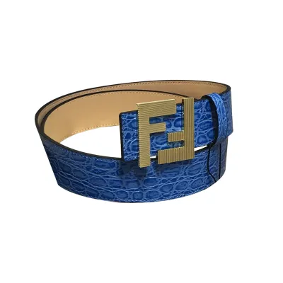 Fendi Men's FF Buckle Belt In Blue/Grey Crocodile-Embossed Leather With Gold/Silver Hardware 40mm
