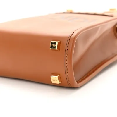 Fendi Mini Logo Embossed Fendi Sunshine Shopper Tote Cuoio King Vitello Leather & Plexiglass Gold Hardware