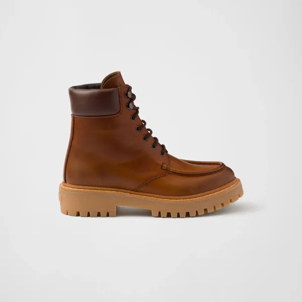 PRADA Lace-up ankle boots in cognac leather