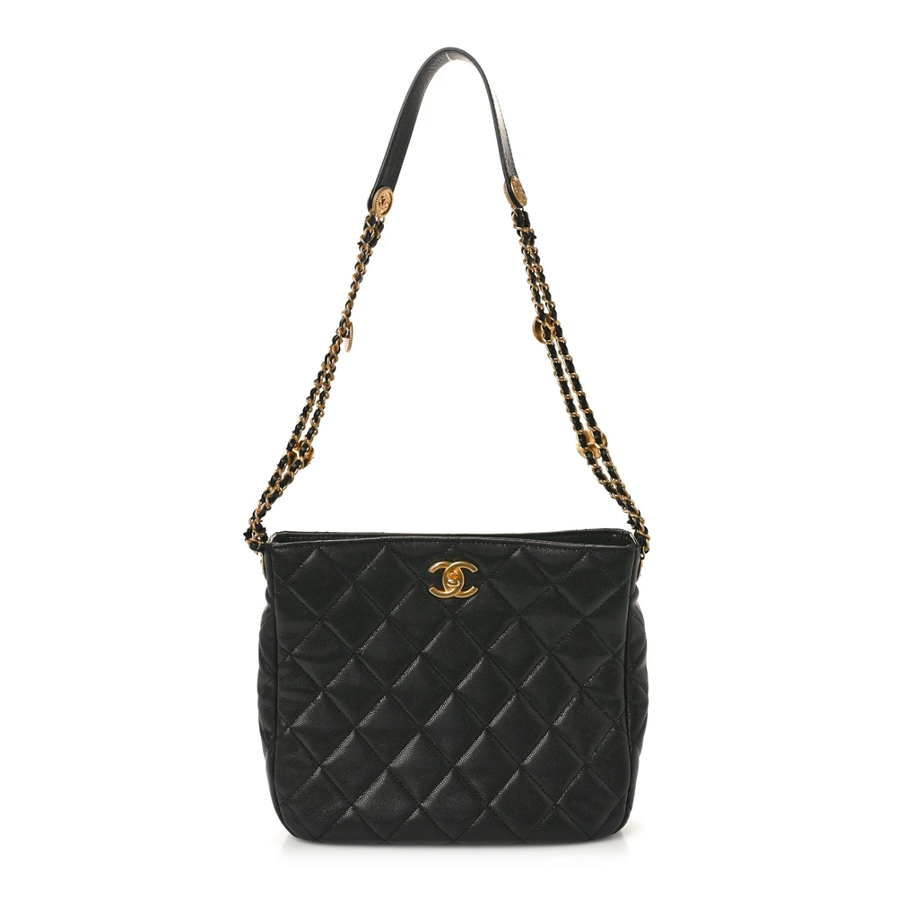 Chanel Twist Your Buttons Hobo Médio Preto Couro Caviar Acolchoado Hardware Envelhecido Dourado