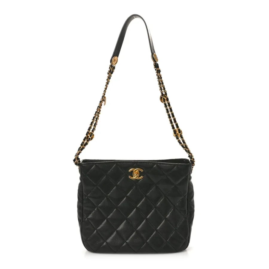 Chanel Twist Your Buttons Hobo Medium Black Quilted Caviar Leather Aged Gold Hardware
