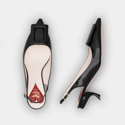 Roger Vivier Virgule Slingback Pumps High Heels In Black Patent Leather With Lacquered Metal Buckle (Heel Height 5.5cm)