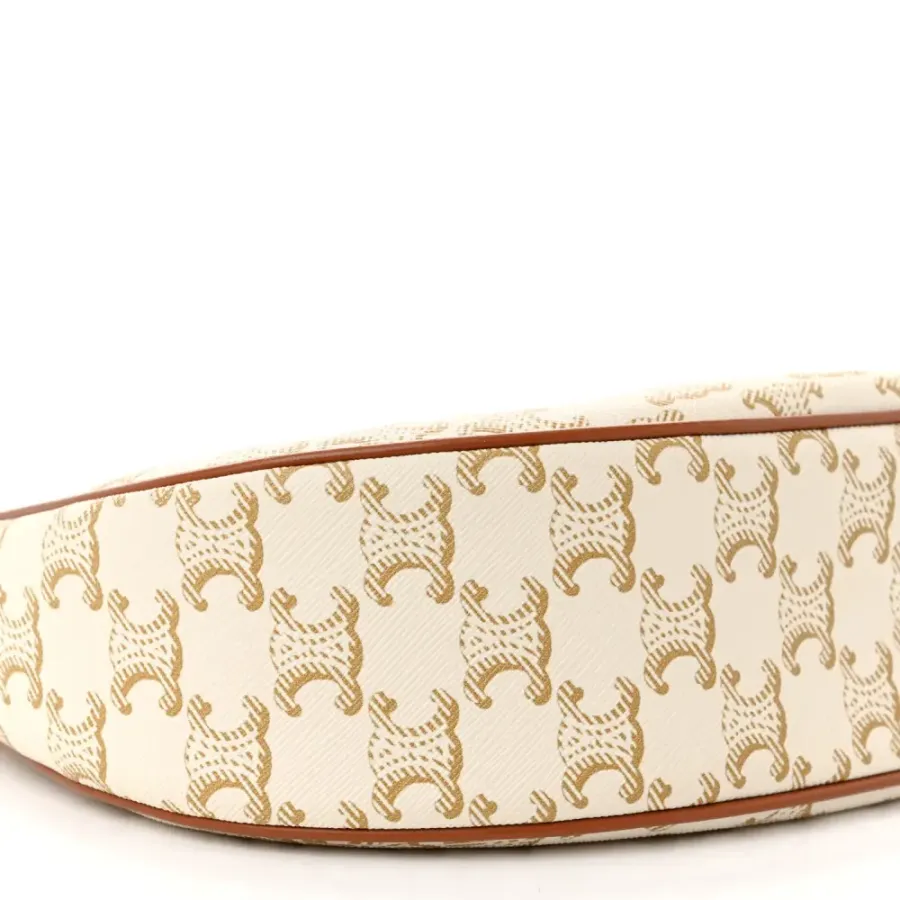 Celine Small Ava Triomphe Shoulder Bag White Canvas & Calfskin Leather Gold Hardware $430