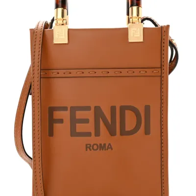 Fendi Mini Logo Embossed Fendi Sunshine Shopper Tote Cuoio King Vitello Leather & Plexiglass Gold Hardware
