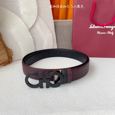 Ferragamo Men's Double Gancini Buckle Reversible Belt In Blue/Black/Burgundy Grained Calfskin With Gold/Silver/Black Hardware 35mm