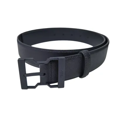 Prada Men' s Irregular Buckle Belt In Black Saffiano Calfskin With Black/Silver Hardware 40mm
