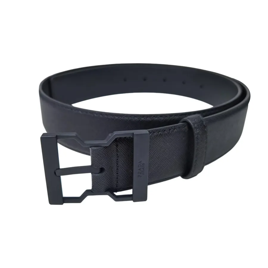 Prada Men' s Irregular Buckle Belt In Black Saffiano Calfskin With Black/Silver Hardware 40mm