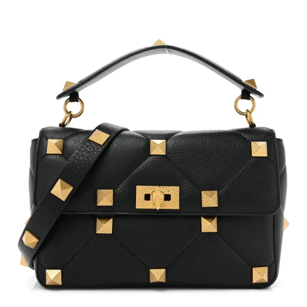 Valentino Garavani Large Roman Stud Shoulder Bag Black Grained Calfskin Leather Brass Hardware