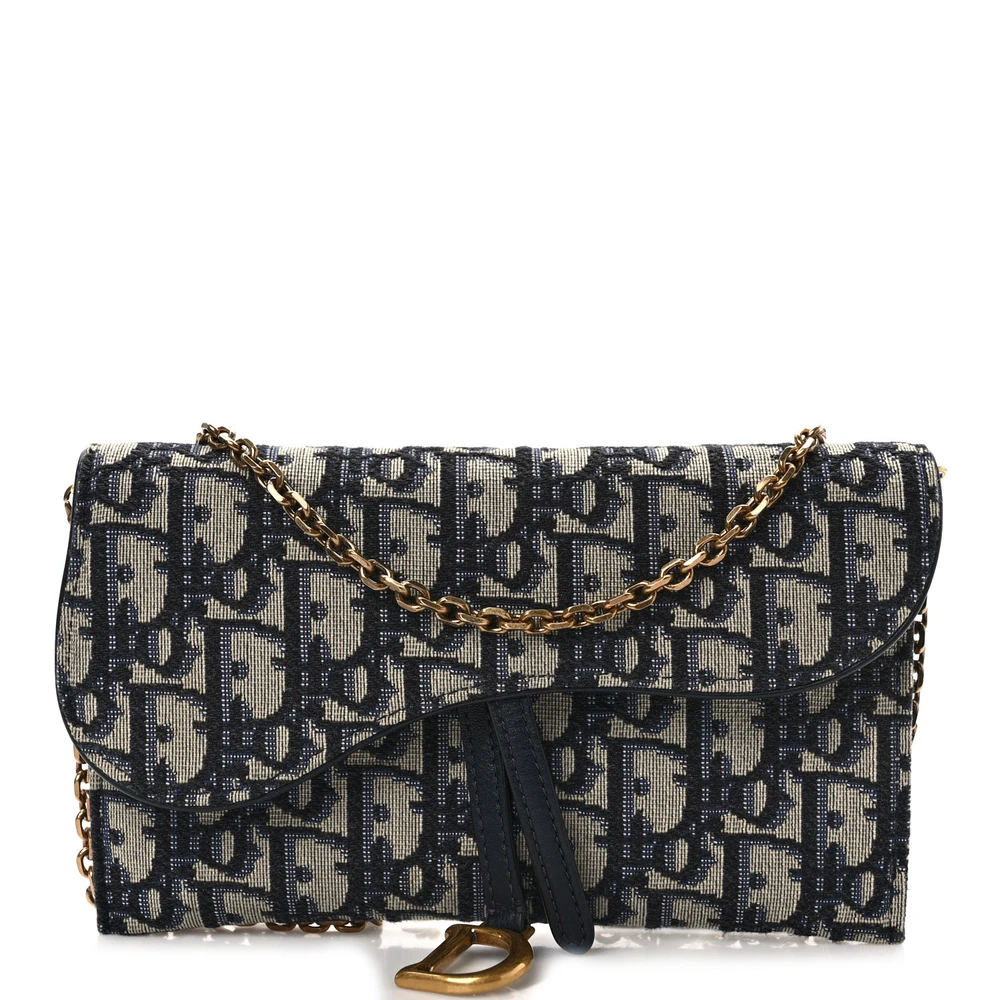 Dior Mini Saddle Chain Long Wallet Blue Oblique Canvas Gold Hardware