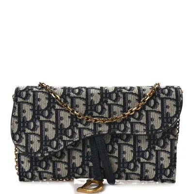 Dior Mini Saddle Chain Long Wallet Blue Oblique Canvas Gold Hardware