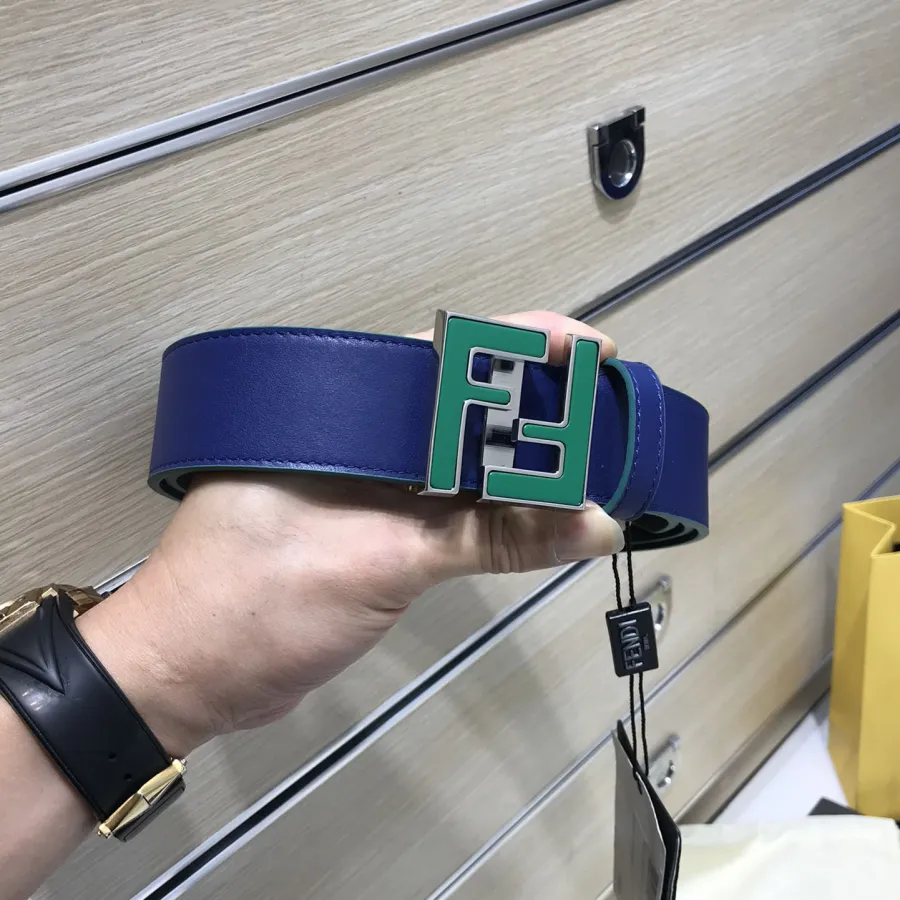 Fendi Men's Squared FF Buckle Belt In Black/Blue Smooth Calfskin With Silver Hardware 40mm