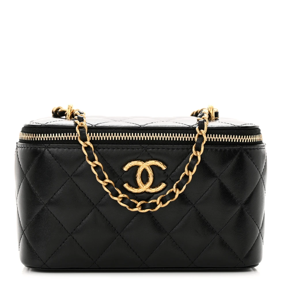 Chanel CC Dynasty Vanity Case Pequeno Preto Couro Cordeiro Acolchoado Hardware Dourado
