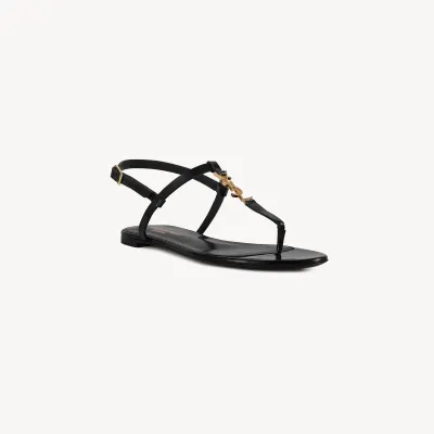 Yves Saint Laurent YSL logo patent leather black flat sandals