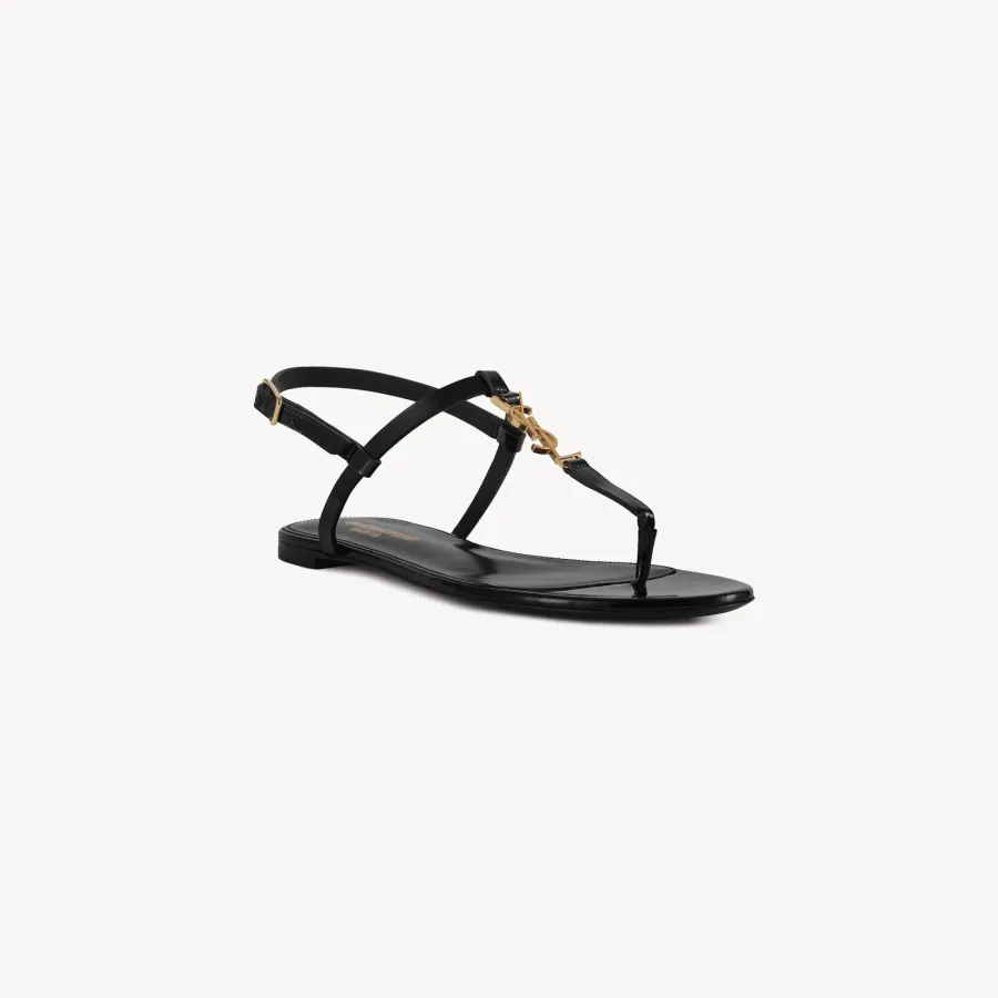 Yves Saint Laurent YSL logo patent leather black flat sandals