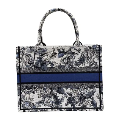 Dior Medium Dior Book Tote In White Embroidery with Denim Blue Dior Chardons Motif