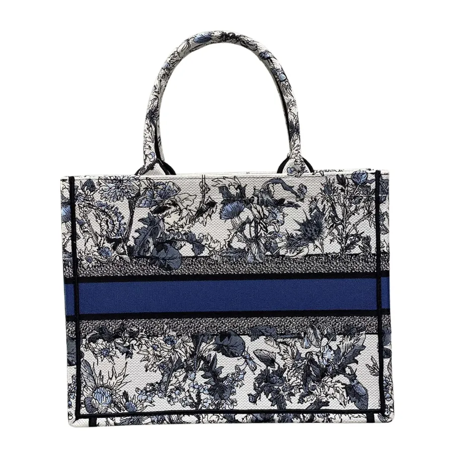 Dior Medium Dior Book Tote In White Embroidery with Denim Blue Dior Chardons Motif