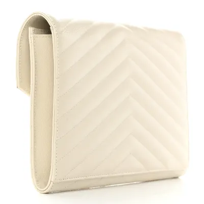 Saint Laurent Medium Envelope Clutch Blanc Vintage Chevron Monogram Grain De Poudre Matelasse Leather Gold Hardware